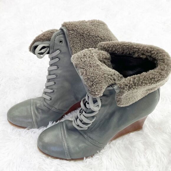 Barbara Bui Shearling Foldover Lace Up Leather Wedge Booties - Picture 1 of 8
